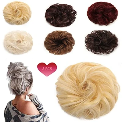 Afbeelding van 2 Stuks Haar Broodje Updo Haarstukjes Chignon Scrunchie Krullend Paardenstaart Extensions Vrouwen Messy Hair Bun Partij Dagelijks Haarstukken Bruids Kapsel Bleek Blond