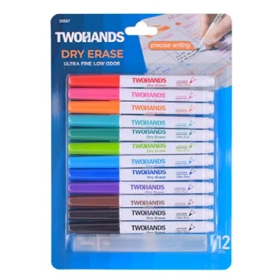 Afbeelding van TWOHANDS whiteboard markers, 11 kleuren droog afveegbare pennen met reiniger, ultrafijne punt uitwisbare markers voor thuis, school, kantoor, 12 stuks, 20567