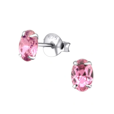 Afbeelding van JoyS Zilveren ovaal oorbellen 4 x 6 mm kristal roze oorknoppen