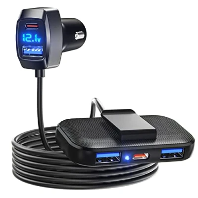 Afbeelding van LENCENT 5 USB poorten Autolader Sigarettenaansteker Stroomadapter 31W (Max) 3 A &amp; 2 Type C voor en achterpassagiers met verlengkabel van 1,5 m
