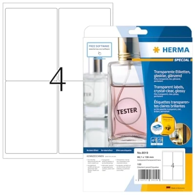 Afbeelding van HERMA 8019 weerbestendige folie etiketten A4 transparant (99,1 x 139 mm, 25 vellen, polyesterfolie, glanzend) zelfklevend, bedrukbaar, permanent klevende labels, 100 voor printer,Glanzend