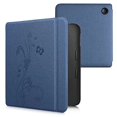 Afbeelding van kwmobile E reader hoesje geschikt voor Kobo Libra 2 hoes flip case met magnetische sluiting Ereader cover Stengels en Vlinder design in donkerblauw