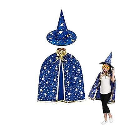 Afbeelding van ZHjuju Tovenaar mantel met hoed, Halloween fancy dress kostuum kinderen kostuums heks voor 3 12 jaar jongens meisjes, rekwisieten cosplay feest.