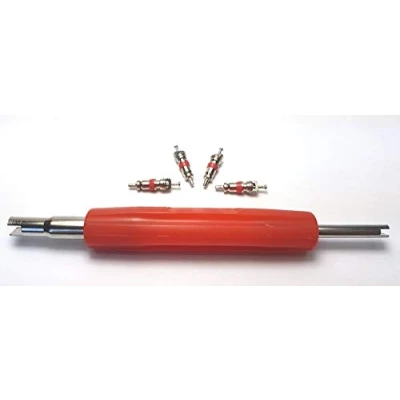 Afbeelding van Felgenfactory Ventiel inzetstukken, 4 stuks, rood, zilver, ventielen, inzetstuk + ventieluitdraaier, ventielschroevendraaier