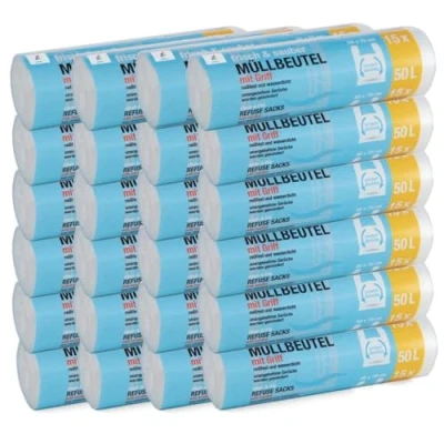 Afbeelding van 150 stuks afvalzakken Premiumline: 50 liter, verpakking van 10 stuks, afmetingen: 60 x 70 cm bijzonder scheurvast en waterdicht met draaggreep/handvat