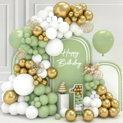 Afbeelding van Groene ballonnenboog kit 102 stuks saliegroene ballonnen slinger met gouden ballonnen, witte safari voor verjaardagsdecoraties, heilige communiedecoraties, babyshower,