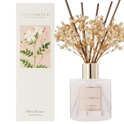 Afbeelding van Cocorrína Rieten diffuser met 8 geurstokjes 200 ml olijfbloesem, natuurlijk, langdurig, thuisgeur, etherische olie, riet voor badkamer, rekdecoratie