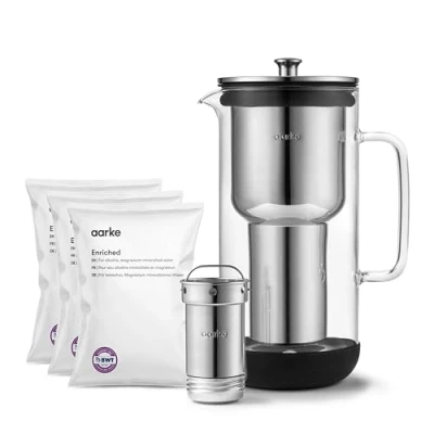 Afbeelding van Aarke Purifier, Waterfilterkan van Glas en Roestvrij Staal, 2.4L + Pakket Met 3 Enriched Filternavulzakken