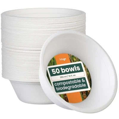 Afbeelding van HAAGO 60 Biologisch Afbreekbare Wegwerp Suikerriet Schaaltjes (350ml) Soepkommen, Kommetjes Sterk en Waterdicht