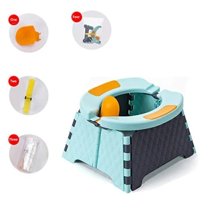 Afbeelding van Draagbaar potje voor peuters, Honboom reispotje, inklapbare toiletbril, babypotjeshout binnen en buiten, blauw
