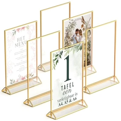Afbeelding van gouden fotolijsten dubbelzijdig 6 stuks A5 acryl tafelnummerhouders, duidelijke ezel tafelstandaards voor borden, frames bruiloft tafelnummers, menuhouder, fotolijst (A5 (6 stuk))