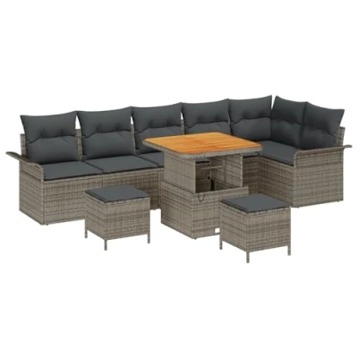Afbeelding van vidaXL 9 delige tuinbankset met kussens grijs poly rattan acacia