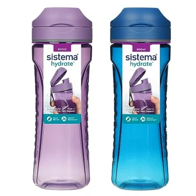 Afbeelding van Sistema Swift Sports Waterflessen, 600 ml, lekvrije waterflessen voor kinderen, slagvast Tritan kunststof, BPA vrij, oceaanblauw en mistig paars, 2 stuks