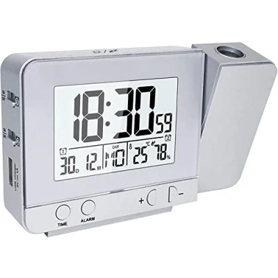 Afbeelding van Houkiper Projectiewekker, wekker, reiswekker met projectie, USB aansluiting, binnentemperatuur en luchtvochtigheid, snooze, timer, kalender, 3 traps helderheid 180 graden projectie