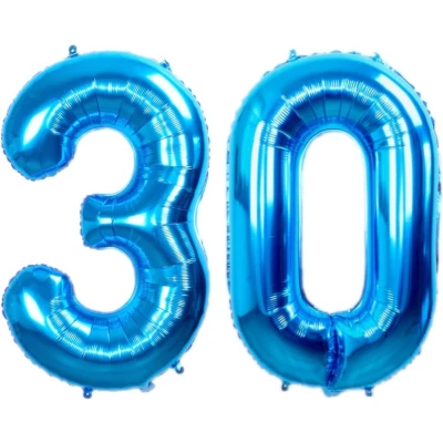 Afbeelding van Folie Ballon Cijfer 30 Jaar Blauw 36Cm Verjaardag Folieballon Met Rietje
