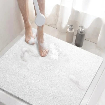 Afbeelding van HITSLAM antislip douchemat, 60 x cm, badmat voor badkamer met afvoer, zachte PVC luffa badmat, sneldrogend, wit