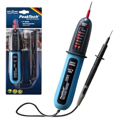 Afbeelding van PeakTech P1094 Digitale 2 polige spanningstester AC/DC van 12 V tot 400 V, hoogwaardige stroompster met led display en akoestisch waarschuwingssignaal, spanningsmeter IP54 beschermingsklasse, CAT