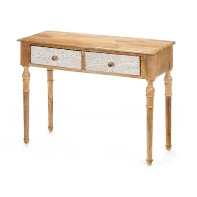 Afbeelding van Zijtafel met 2 lades Wit Bruin Mangohout 98 x 77 42 cm Strepen