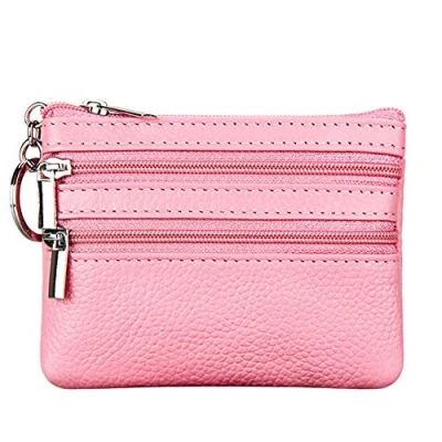 Afbeelding van Dames echt lederen portemonnee mini zakje verandering met sleutelhanger, roze, Eén maat, Minimalistisch
