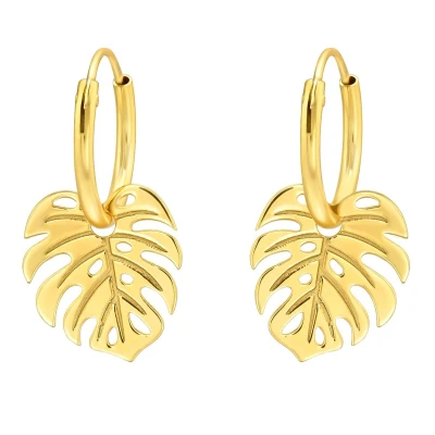 Afbeelding van JoyS Zilveren blad bedel oorbellen monstera oorringen 14k goudplating