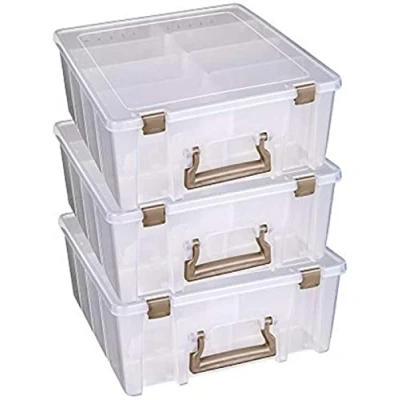 Afbeelding van ArtBin Super Satchel Double Deep 3 Pack, draagbare kunst en knutselorganisatoren met handgrepen, [3] plastic opbergkoffers, rozenaccenten, polypropyleen, helder goud