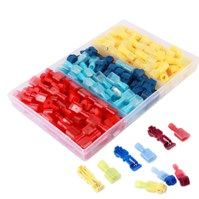 Afbeelding van CESFONJER T aftakverbinder, snelkoppeling + volledig geïsoleerde platte stekkerkit (85 paar), kabelassortiment snelverbinders, geel, 50 stuks, blauw, 60 rood, stuks