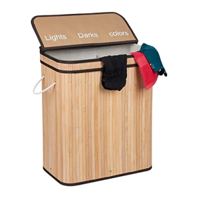 Afbeelding van Relaxdays wasmand bamboe wassorteerder 3 vakken 63 x 55 cm diverse kleuren Naturel