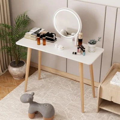 Afbeelding van kaptafel, LED verlichting met instelbare helderheid, kaptafel spiegel, make uptafel, kleine ruimte mini uptafel ruim bureaublad van 105 cm (wit)