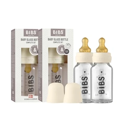 Afbeelding van BIBS Glazen fles voor baby&#039;s, 110 ml, verpakking van 2 stuks, vermindert koliek, ronde zuiger natuurlijk rubberlatex, ondersteunt borstvoeding, complete set, ml (pak 2), ivoor