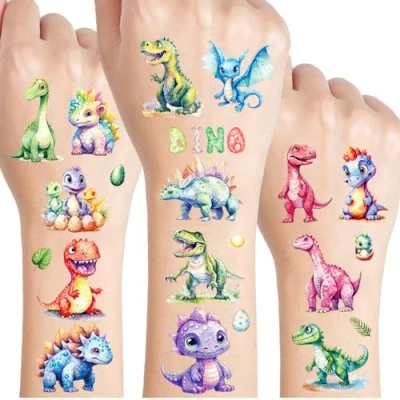 Afbeelding van Glitter Tattoo Set, 12 Vellen Dinosaurus Tijdelijke Tatoeages voor Kinderen, Dino Geschenken Gongens en Meisjes, Feestdecoratie, Verjaardagsfeestje Bag Filler