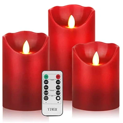 Afbeelding van YIWER Batterij Kaarsen,4&quot; 5&quot; 6&quot; Set van 3 Echte Wax Niet Plastic Pijlers Inclusief Realistische Dansende LED Vlammen en 10 toetsen Afstandsbediening met 2/4/6/8 uur Timer Functie 200 (3x1,Rood)