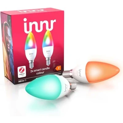 Afbeelding van Innr smart LED kaarslamp, E14, Zigbee, wit en kleur, werkt met Hue*, Amazon Echo (4th Gen.), Voice Control Alexa, Hey Google (bridge vereist), RGBW, 1800K 6500K, dimbaar, 2 Pack