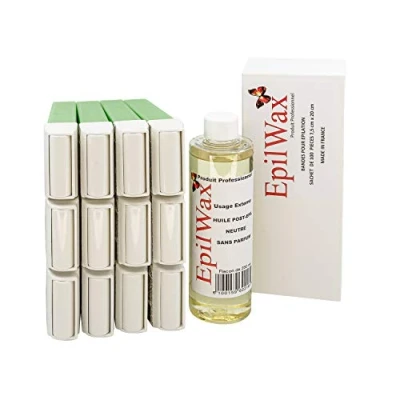 Afbeelding van EPILWAX Restocking kit met: 12 Roll on cartridges met Aloë Vera, 1 verpakking 100 non woven strips voor epileren en fles neutrale olie van 250 ml na het ontharen (Aloë Vera serie)