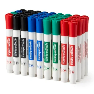 Afbeelding van Amazon Basics Whiteboard markers voor bord met droogwisser, fijne punt, geeft weinig geur af, 4 geassorteerde kleuren, 36 stuks