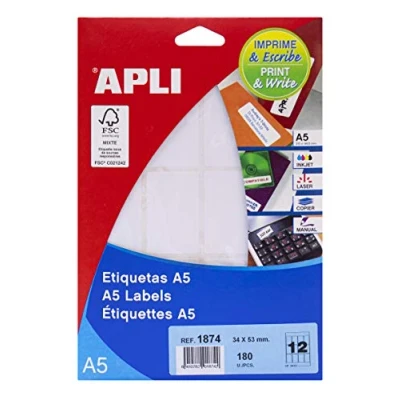 Afbeelding van Apli Witte Etiketten Print &amp; Write Ft 34 X 53 Mm (b H), 180 Stuks, 12 Per Blad (1874) Etiket