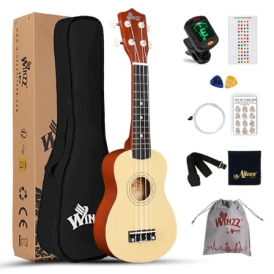 Afbeelding van Winzz Sopraan Ukelele Starter Kit voor beginners, met tas, clip on tuner, extra snaren, riem, plectrum, toetsstickers, akkoordkaart, polijstdoek, naturel