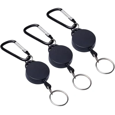 Afbeelding van WOLMIK 3 delige intrekbare sleutelhanger, zware sleutelhaspel, uitschuifbare sleutelhanger met nylon touw, ID badgehouder, zwart