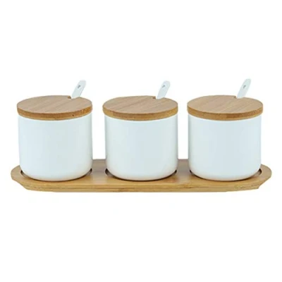 Afbeelding van OnePine Set van 3 suikerkom, 260 ml keramische kruidenpot zoutcontainer met deksel en lepel voor thuis keuken