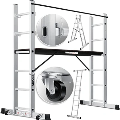Afbeelding van MASKO® Aluminium Steiger 2,75m Kamersteiger Bouwsteiger Multifunctionele Ladder Belastbaar tot 150 KG Werkplatform GS getest (EN 131), Zilver
