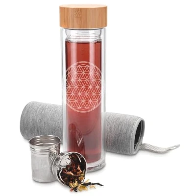 Afbeelding van Navaris glazen theefles met filter 450 ml Waterfles van glas Dubbelwandige fles bamboe dop, thee infuser en hoes Flower of life design