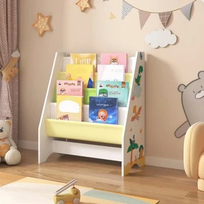 Afbeelding van [en.casa] Kinderrek Fisterra kinderboekenkast vrijstaand met dinosaurus motief 74x62x29 cm 4 open vakken wit groen geel