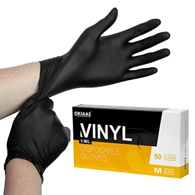 Afbeelding van OKIAAS Zwarte wegwerphandschoenen, latexvrije vinyl handschoenen voor huishoudelijk gebruik, voedselverwerking, laboratoriumwerk en meer, doos met 50 stuks, maat M