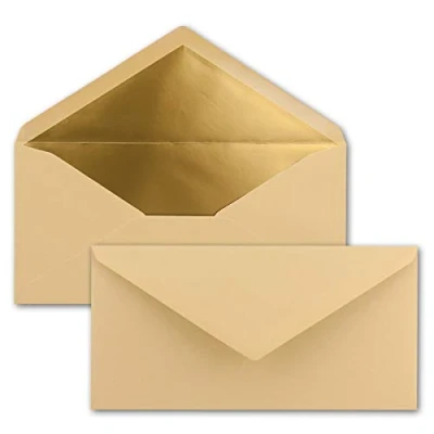 Afbeelding van 75 enveloppen DIN lang caramel met goud metallic voering 110 x 220 mm nat lijmen feestelijke voor uitnodigingen
