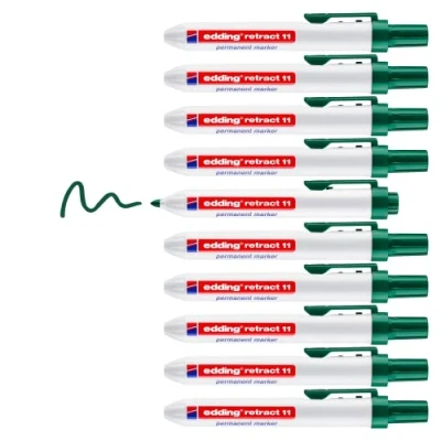 Afbeelding van edding retract 11 permanent marker groen 10 stiften ronde punt 1,5 3 mm watervast, sneldrogend voor gemakkelijke eenhandsbediening karton, kunststof, hout, metaal, glas