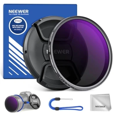 Afbeelding van Neewer 67 mm ND2 400 (1 9 stops) Variabele ND filter met lensdop, sleutelkoord, reinigingsdoek, nauwkeurige neutrale dichtheidsaanpassing, vingerafdruk en krasbestendig, meervoudig gecoat optisch glas