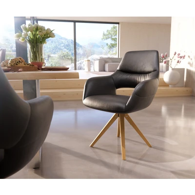Afbeelding van Draaistoel Yago Flex met armleuning houten frame hoekig echt leer zwart 180