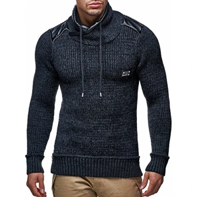 Afbeelding van Leif Nelson LN7040 Herentrui met capuchon, slimfit, hoodie, pullover, lange mouwen, gebreide trui, sweatshirt, wintertrui, zwart, M