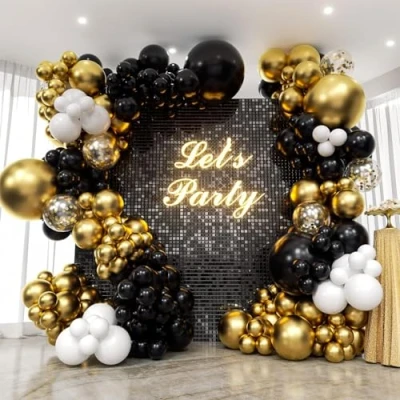 Afbeelding van Set met zwarte en goudkleurige ballonboog 132 gouden slinger zwart goud witte ballonnen voor mannen jongen verjaardagsfeestje decoratie, afstuderen, bruiloft,