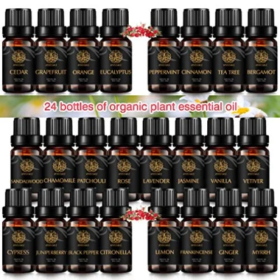 Afbeelding van Populaire 24 soort Aromatherapie Rose Essentiële Oliën Set voor Diffuser, 100% Pure Olie kit Luchtbevochtiger oranje, citroen, wierook, mirre, grapefruit, ceder, cipres, jeneverbes..