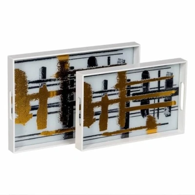 Afbeelding van Snackdienblad Wit Zwart Gouden PVC Kristal Abstract 45 x 31 4,2 cm (2 Stuks)